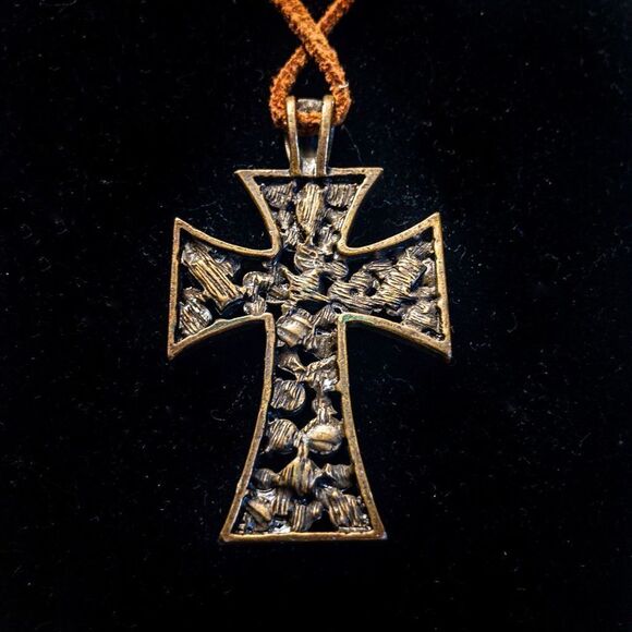 Amber/Citrine Tone Encrusted Holy Cross Pendant Leather Necklace - Picture 4 of 7